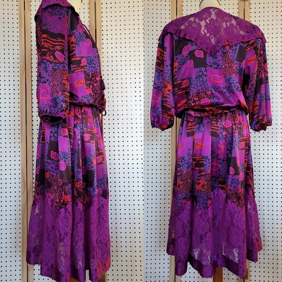 -Vintage Diane Freis Silk 2 Piece Dress Purple Red - Picture 2 of 16